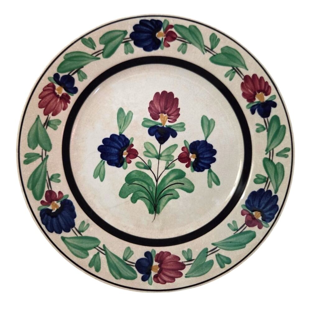 Vtg Blue Ridge Pottery Floral Vibrant Dinner PLATE Blue Red cottage Core